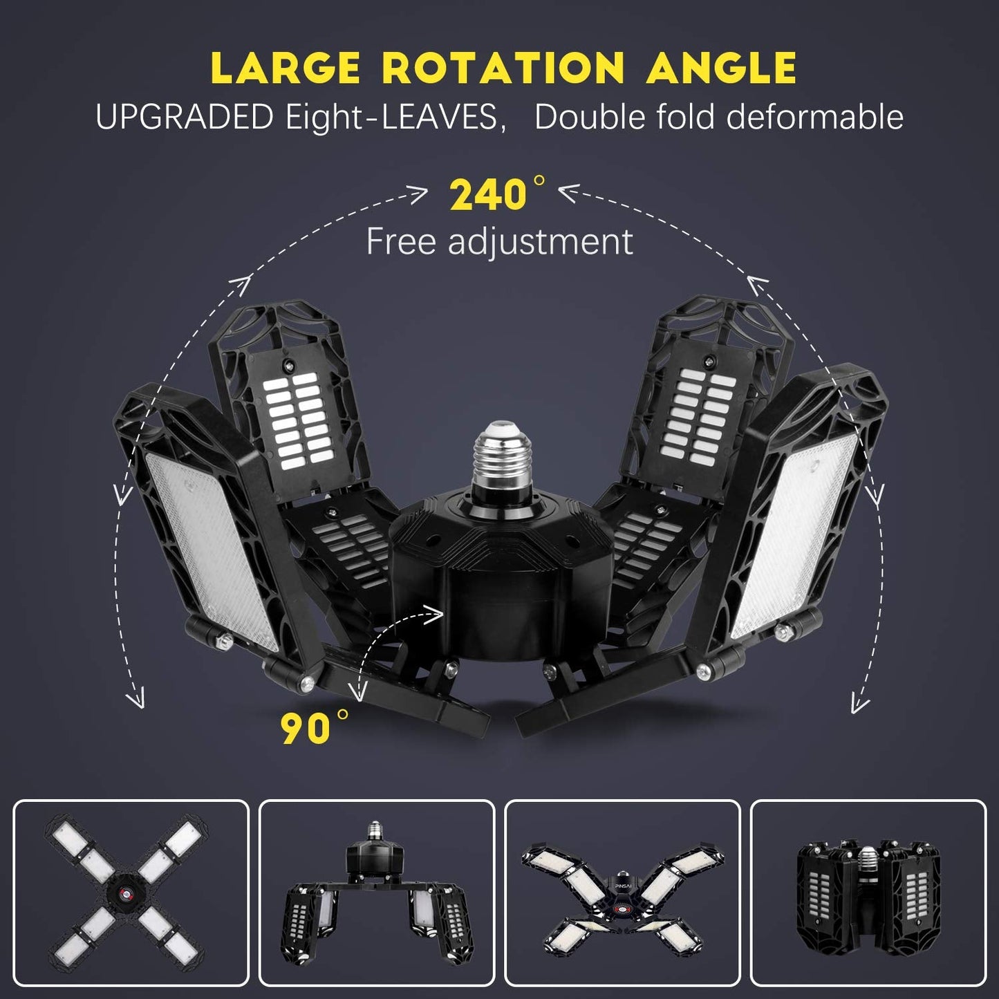 PINSAI LED Garage Light, 200W 20000 Lumen, E26/E27 Ceiling Lamp with 8 Adjustable Panels, Black, Model 150W