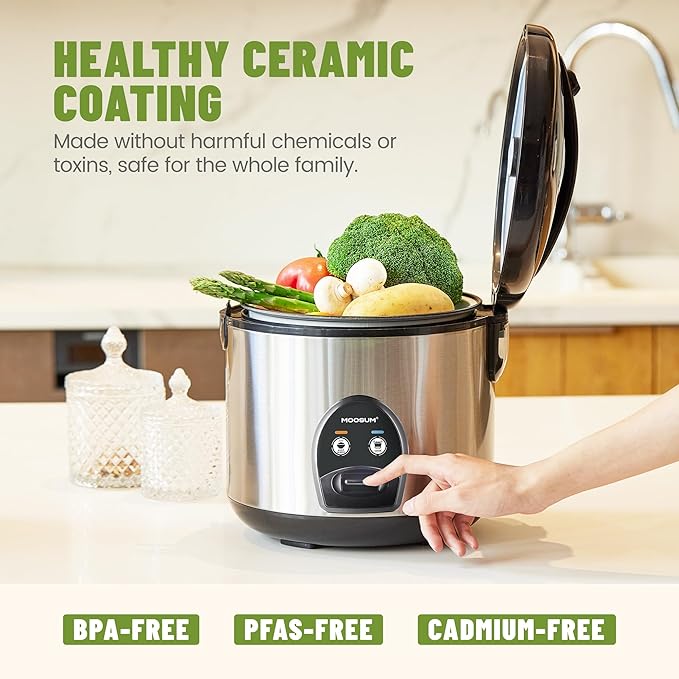 Electric Rice Cooker with One Touch for Asian Japanese Sushi Rice, 10-cup Uncooked/20-cup Cooked, Fast&Convenient Cooker with Steamer, Stainless Steel Housing and Auto Warmer