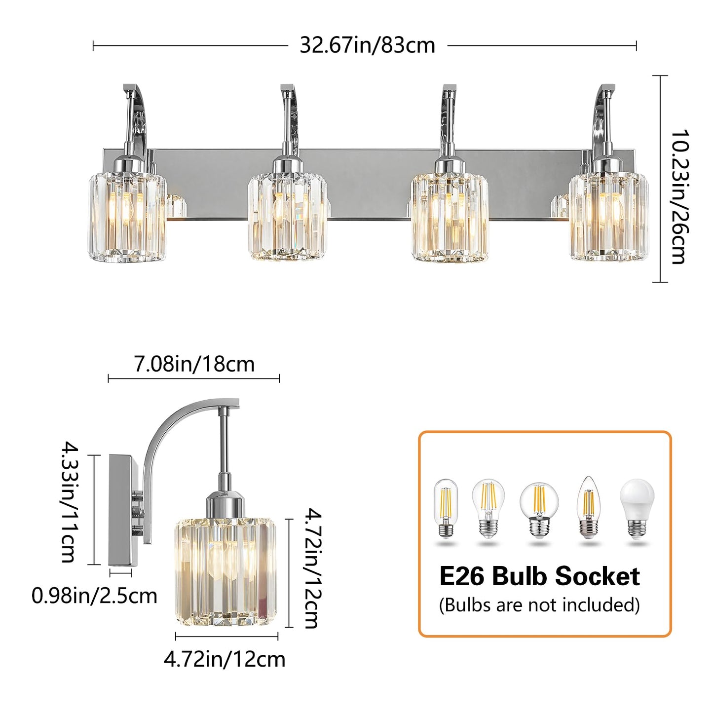 Fdpby 4-Light Crystal Vanity Light  Modern Chrome Bathroom Wall Sconce With K9 Crystal Shades  32.67 Long Over Mirror Lighting For Vanity  Makeup  Hallway  Elegant & Easy Install