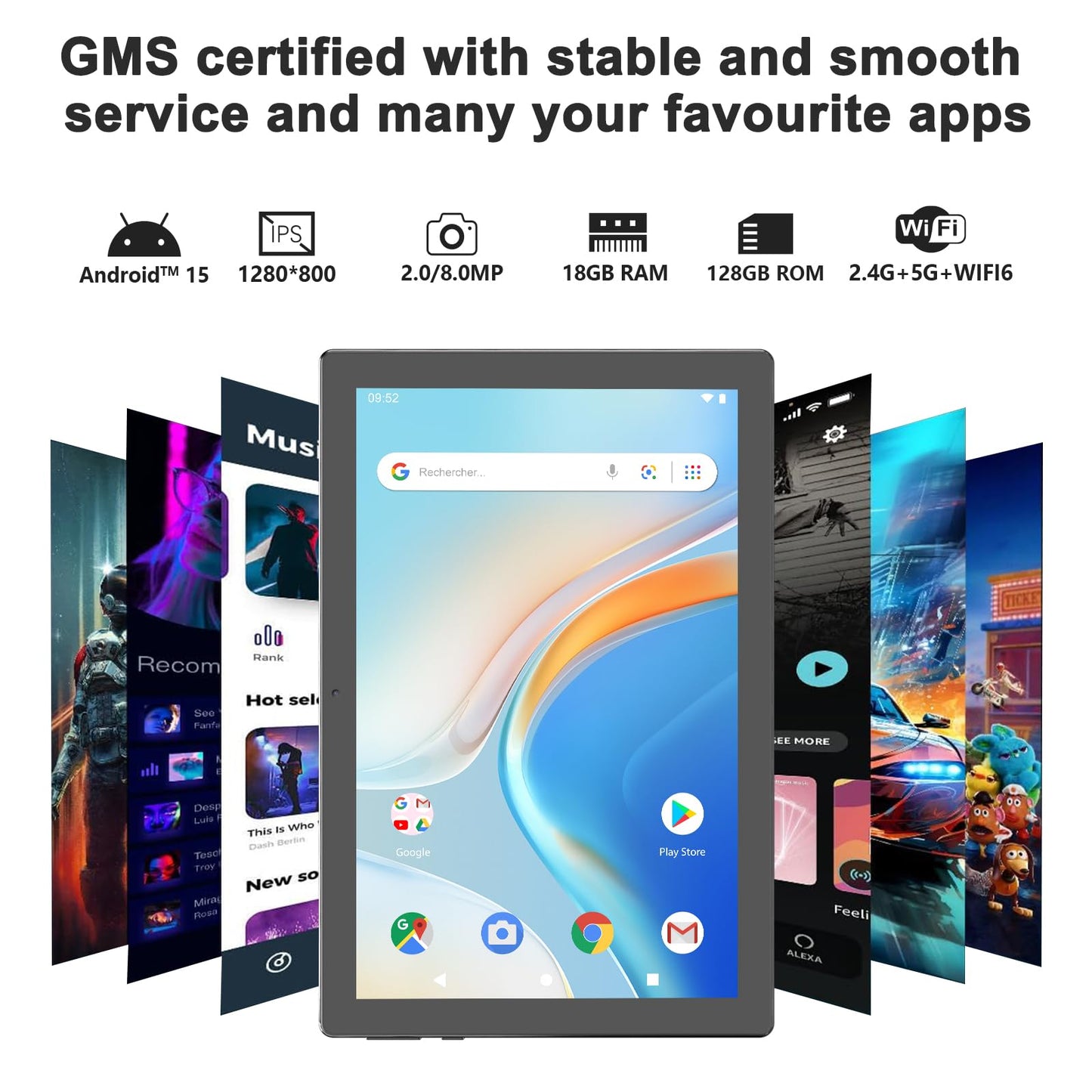Android 15 Tablet, 10 Inch 18Gb Ram 128Gb Rom, 2.0Ghz Quad-Core Processor Tablet, 1280*800 Ips Touch Screen, 2.4G/5G Wifi, 2 In