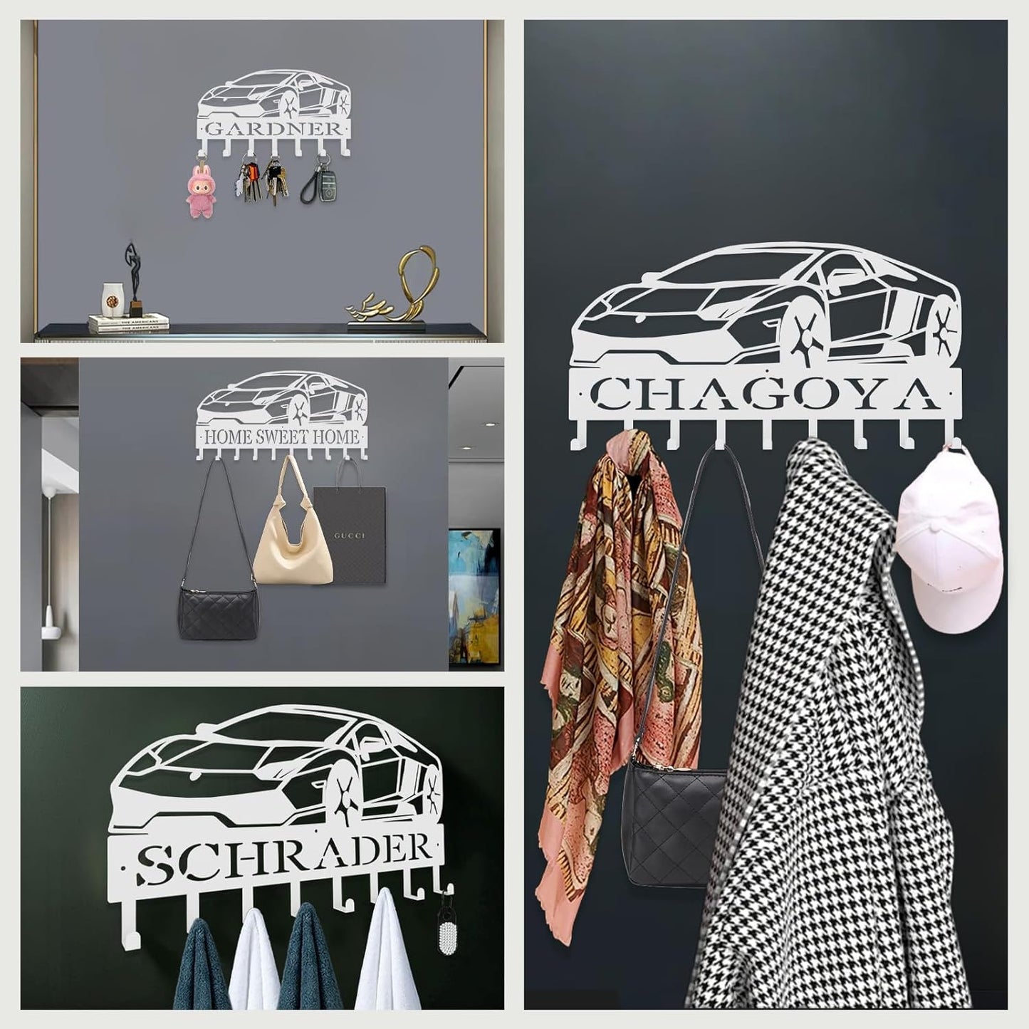 Personalized Key Hooks for Wall,Custom Name Black Car Key Holder Wall Mounted,Fashion Coat Rack,Metal Key Hanger with Hooks,Key Rack Organizer for Entryway,Hallway,Doorway
