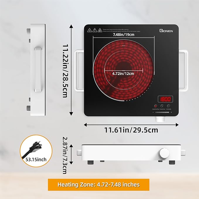 GIONIEN Electric Cooktop 1 Burner 110V, Portable Electric Stove with Handle, Ceramic Countertop Burner, Knob Control, ‌3-hour Timer, Safety Lock,3 Heat Modes,1800W