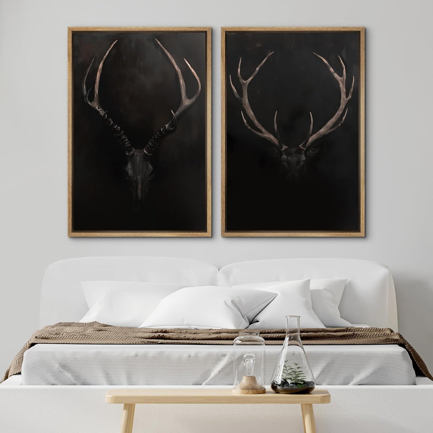 SIGNWIN Framed Canvas Print Wall Art Rustic Antler Skull Dark Dramatic Black Vintage-Inspired Deer and Elk Antlers Illustrations Decorative for Living Room, Bedroom, Office - 24"x36"x2 Natural