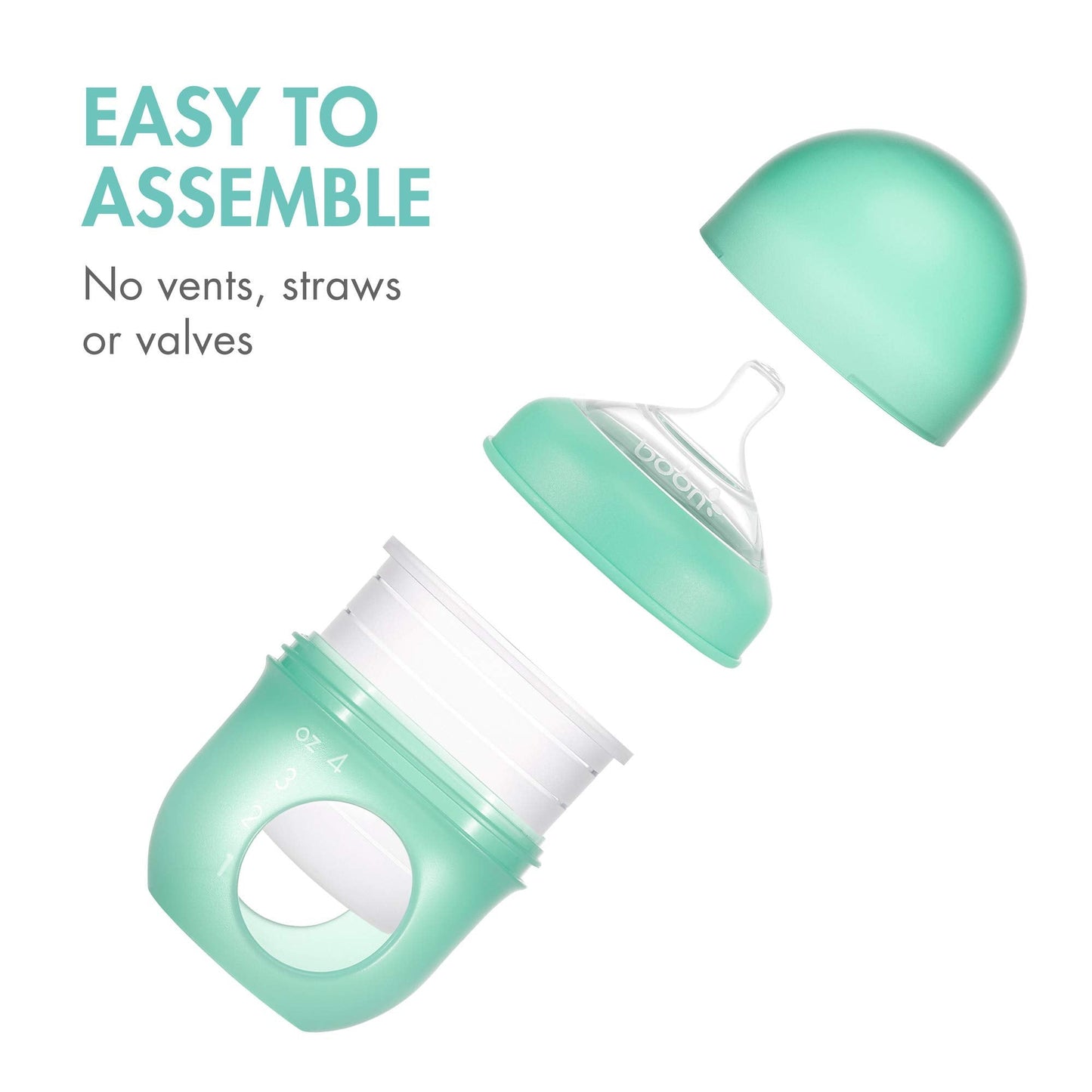 Boon Nursh Reusable Silicone Baby Bottles with Collapsible Pouch - Stage 1 Slow & Stage 2 Medium Flow - Mint & Tie Dye - 3 Count Each