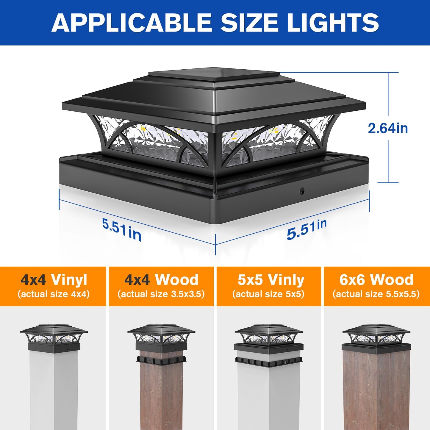 APONUO Solar Post Cap Lights - 16 Pack, Waterproof IP64, Auto On/Off, 4x4 5x5 6x6, Black, Model TZ21