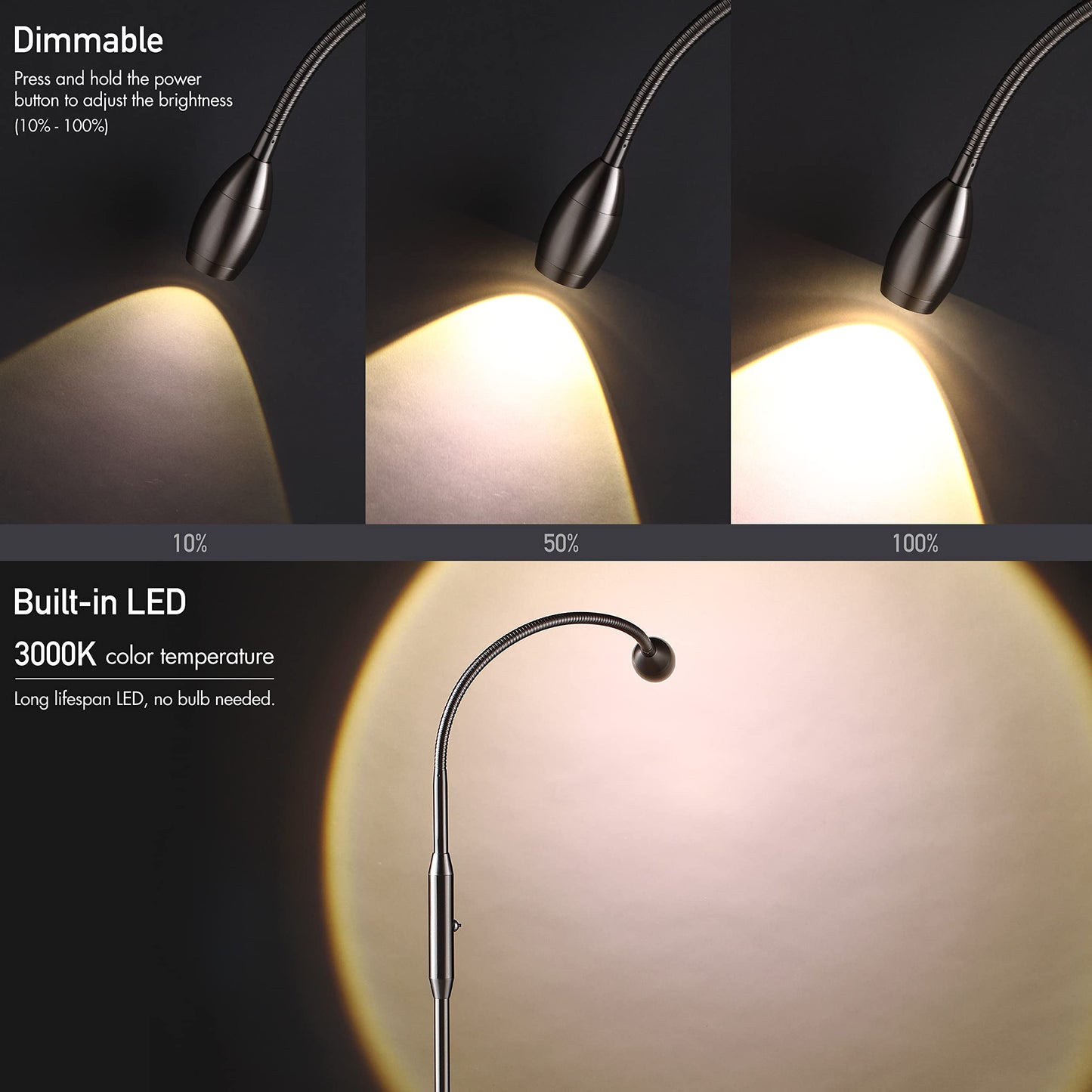 OBright Adjustable LED Floor Lamp, Dimmable, Zoomable, Gooseneck, Brushed Nickel, Model OB-FL15M