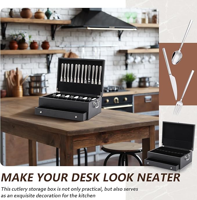 Leather Silverware Storage Box Flatware Storage Case with Felt Lined Leather Flatware Chest Silverware Organizer with Lid for Tableware Utensils Silver(2 Layer)