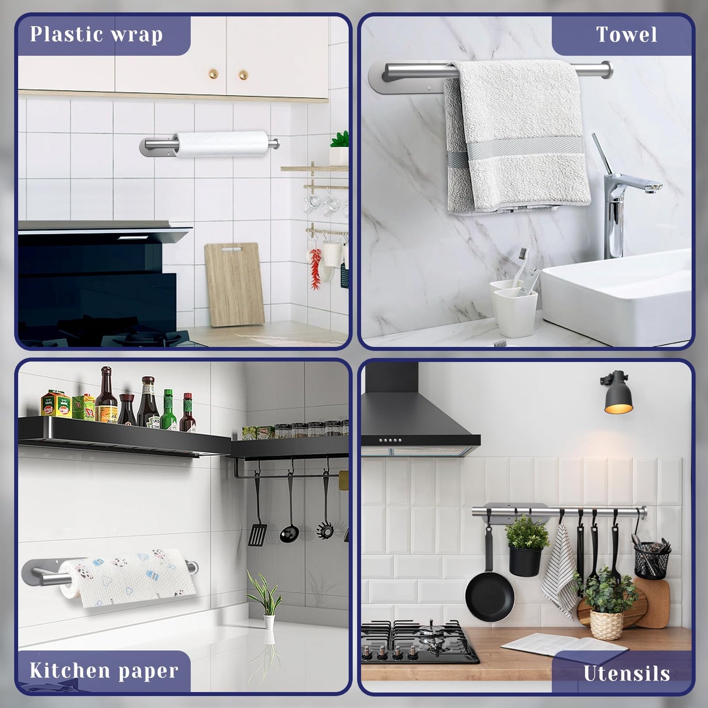 Paper Towel Holder, Self Adhesive or Drilling Paper Towel Holder Under Cabinet, Stainless Steel Silver Paper Towel Holders Wall Mount for Kitchen, Bathroom, Sink, Pantry, Fridge