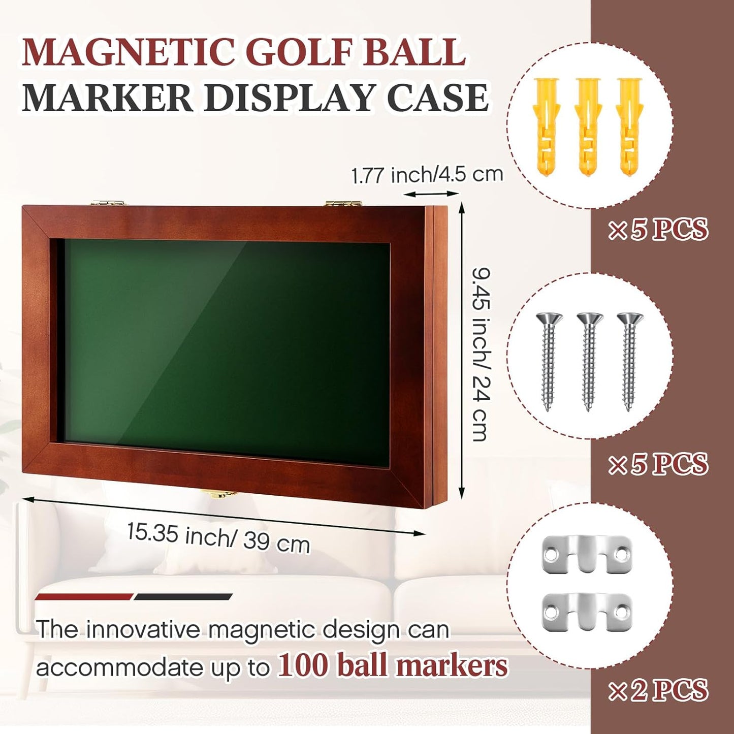 40 Golf Ball Marker Display Case Full Magnetic Backing 15.5" W x 9.5" H Wall Mount Wooden W/98% UV Acrylic Door Lockable Storage Display Box for Ball Marker Collection (Brown)