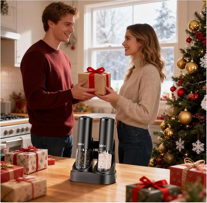 Electric Rechargeable Salt and Pepper Grinder Set,Automatic Pepper Mill Grinder with USB C Charging Dock,Upgraded 95ml Large Capacity,Adjustable Coarseness,LED Light,High-end Black