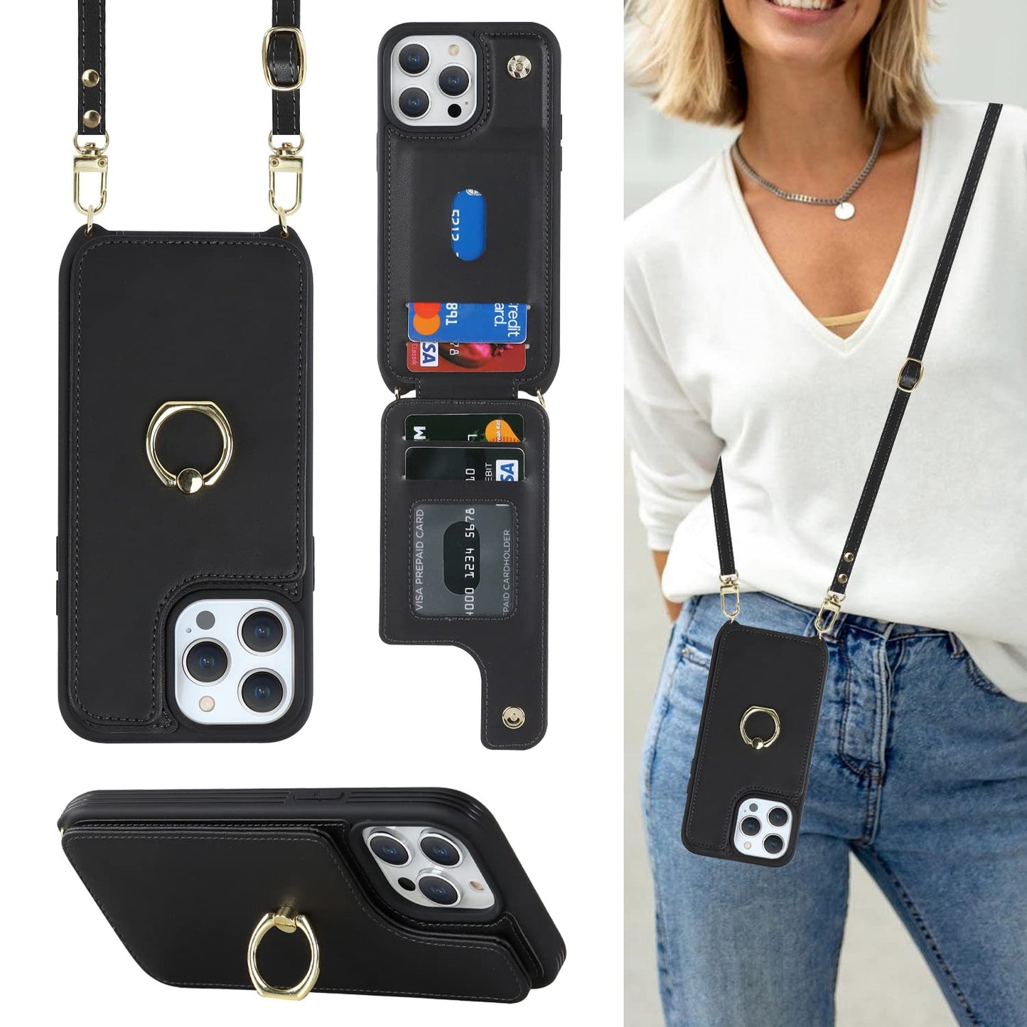 Lipvina For Iphone 12/12 Pro Case With Card Holder And Strap For Women,Crossbody Lanyard,Kickstand Ring Stand,Snap Clasp,Phone W