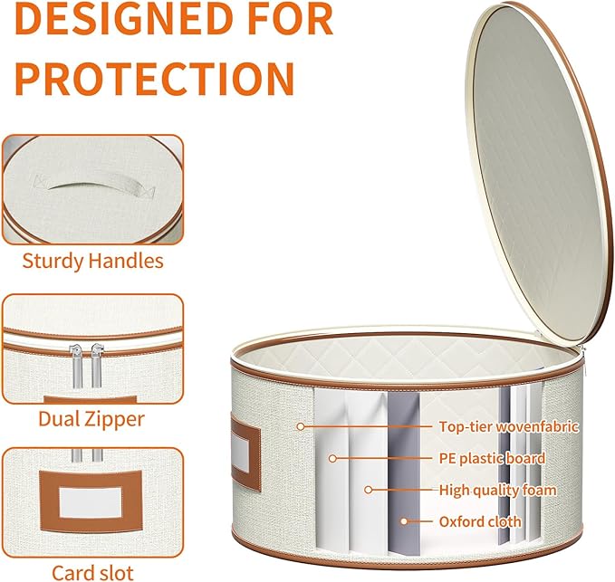 Aokeyee 4-Pack Hard Shell Dish Storage Containers with 48 Non-Woven Pads – For Plates, Dinnerware & China - Ideal for Moving & Protection, Ivory