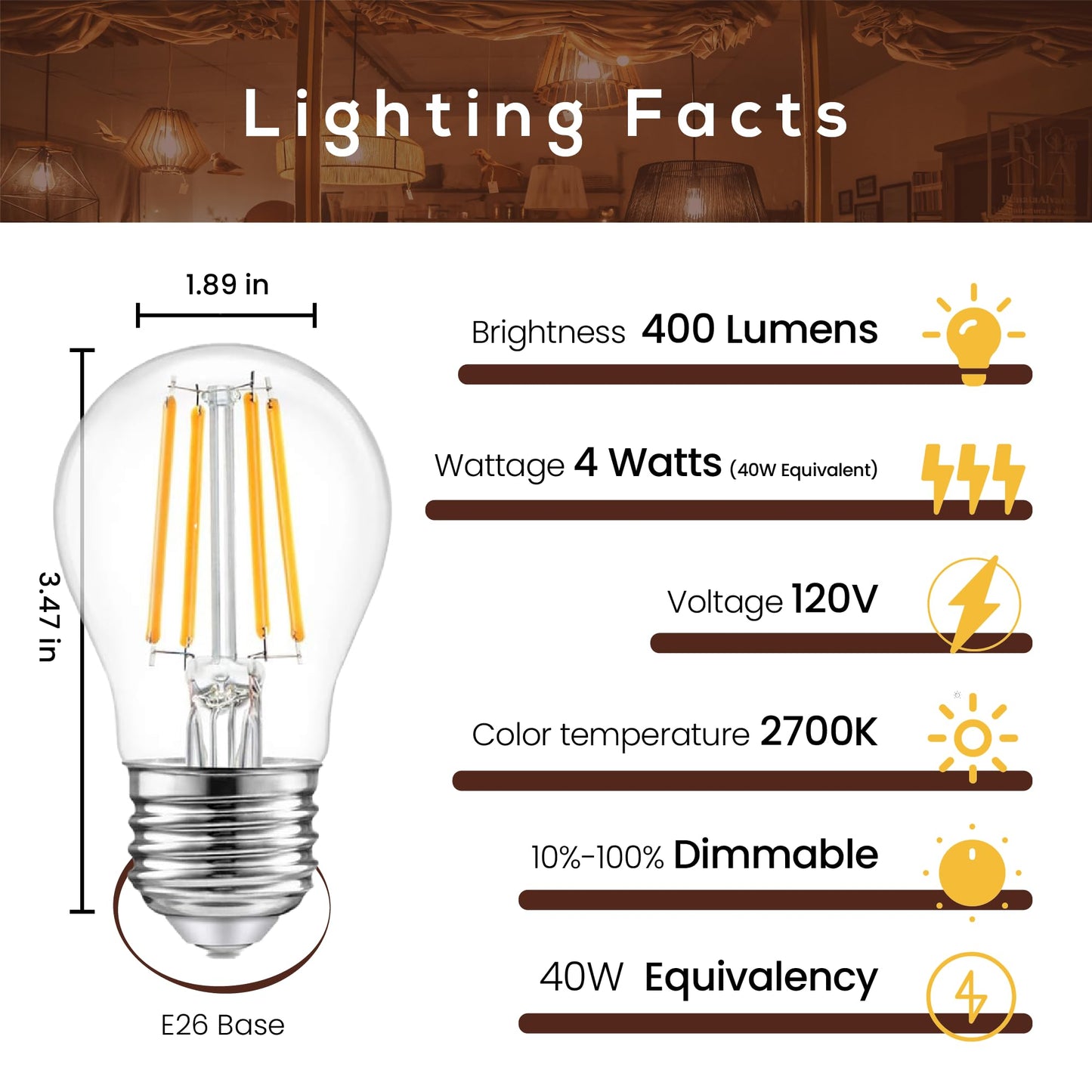 A15 LED Light Bulb 4W (40W Equivalent), 2700K Warm White, Dimmable Edison Filament, 400 Lumens, E26 Medium Base, Clear Glass – Ceiling Fan, Refrigerator/Appliance, Vanity & Chandelier (6-Pack)