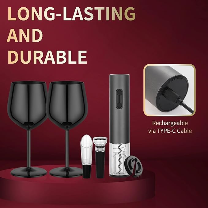 Electric Wine Opener Set Rechargeable, Automatic Corkscrew Set, Including Black Metal Wine Glasses of 2, Stainless Steel Wine Goblet, Ideal Gift for Wedding, Wine Lover, Birthday, Girl, Men