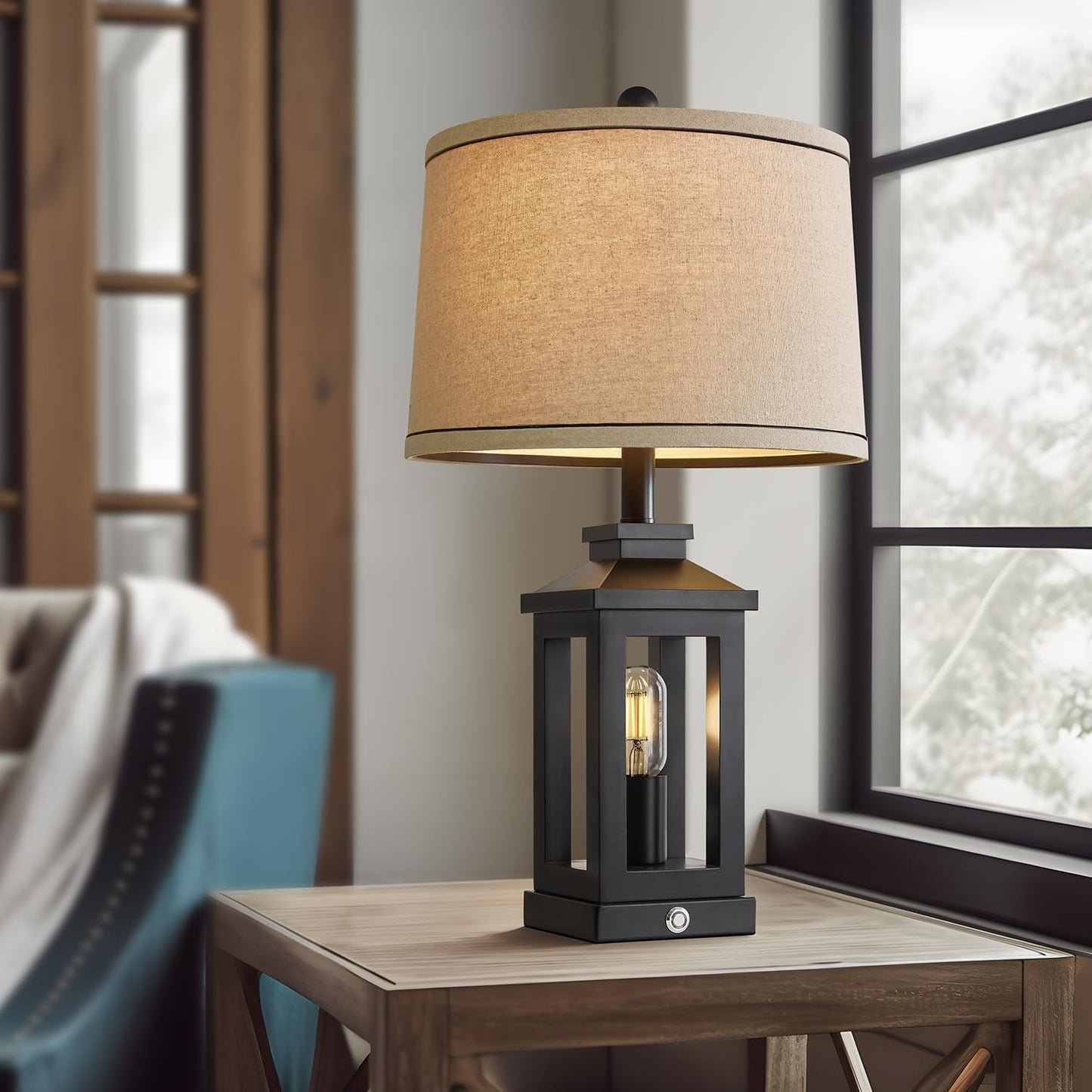 23.75" Retro Farmhouse Black Table Lamp for Living Room Bedroom Nightstand Set of 2 Touch Control Bedside Nightlight Vintage Modern Lamp with USB C+A Ports and 2 Light Sources