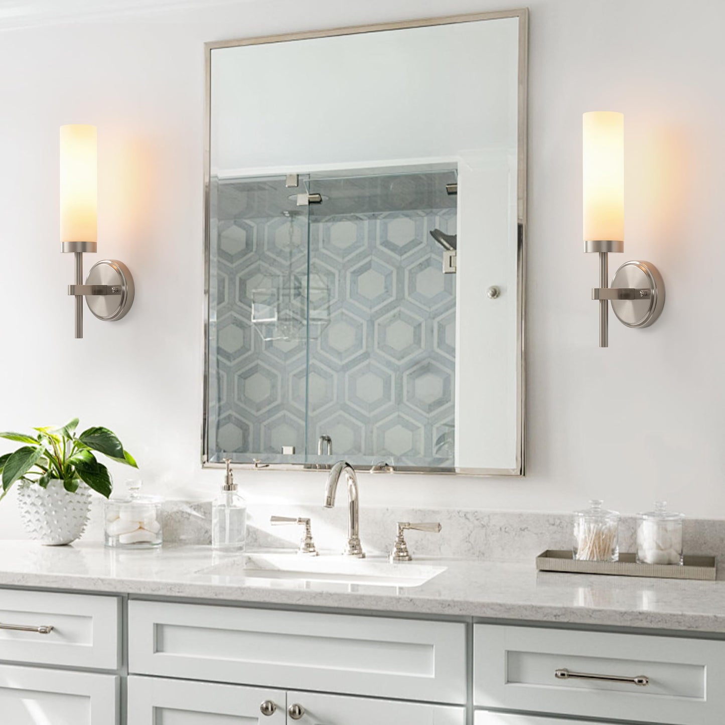 Wall Sconces Set Of Two Brushed Nickel Bathroom Sconces Wall Lighting With White Glass  Modern Sconces Wall Decor Set Of 2 Wall Light Fixtures For Bathroom Mirror Living Room Hallway Bedroom Wall Lamp