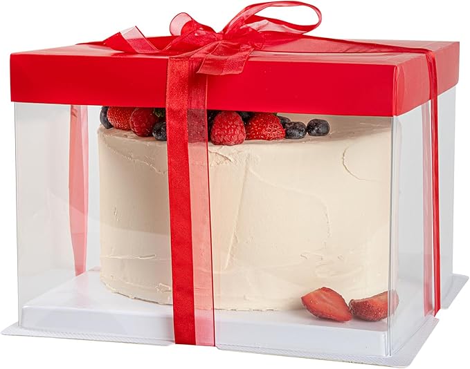 Restaurantware Sweet Vision 8.5 Inch x 6.75 Inch Transparent Cake Boxes 10 Grease Resistant Base Clear Cake Boxes - Red Lid Red Ribbon Plastic Birthday Cake Boxes For Weddings Or Birthdays
