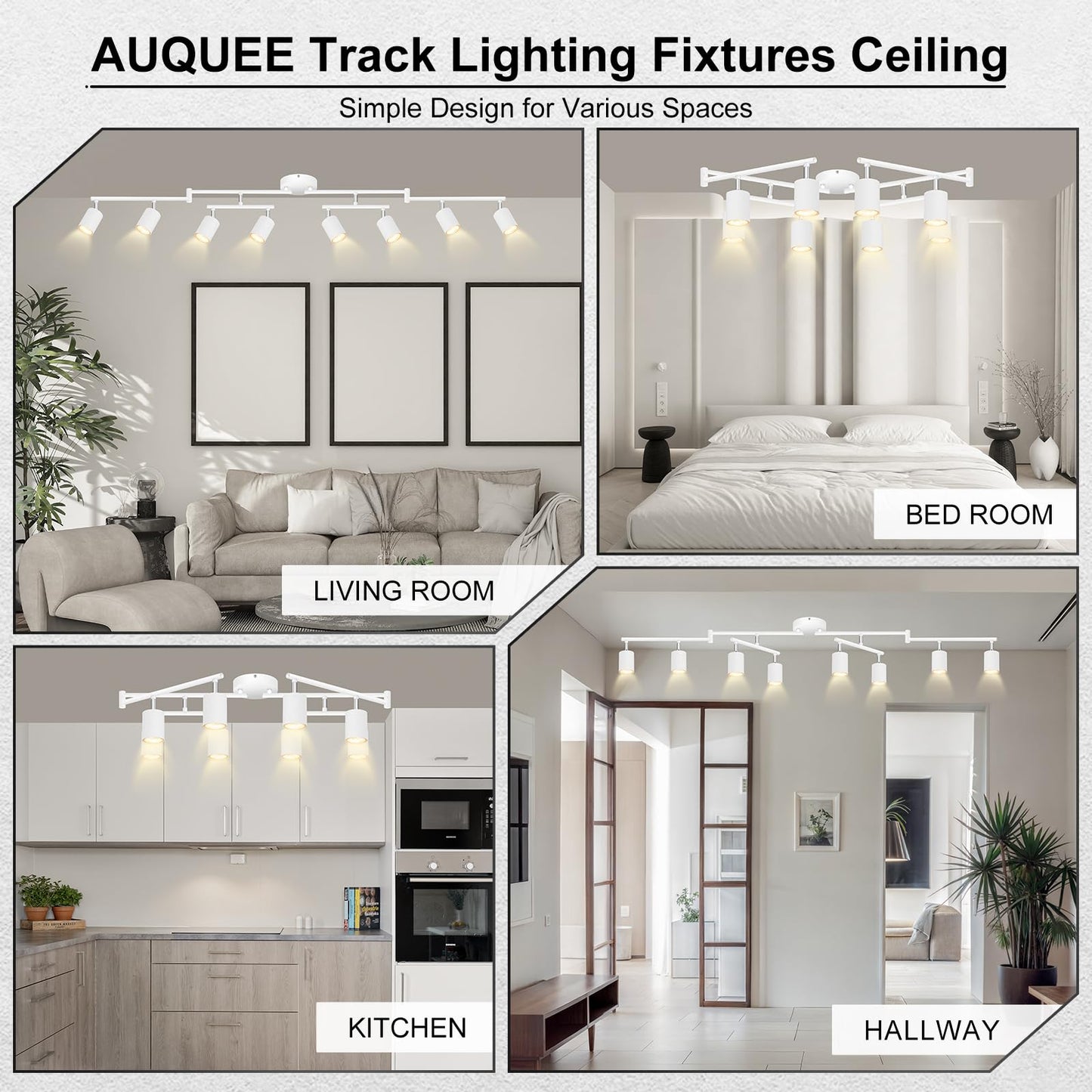 Auquee 8 Light Track Lighting Fixtures Ceiling  Matte White Kichen Track Lighting Fixtures  Rotatable Light Heads  Adjustable Modern Led Track Lights For Kitchen/Hallway  No Gu10 Bulb