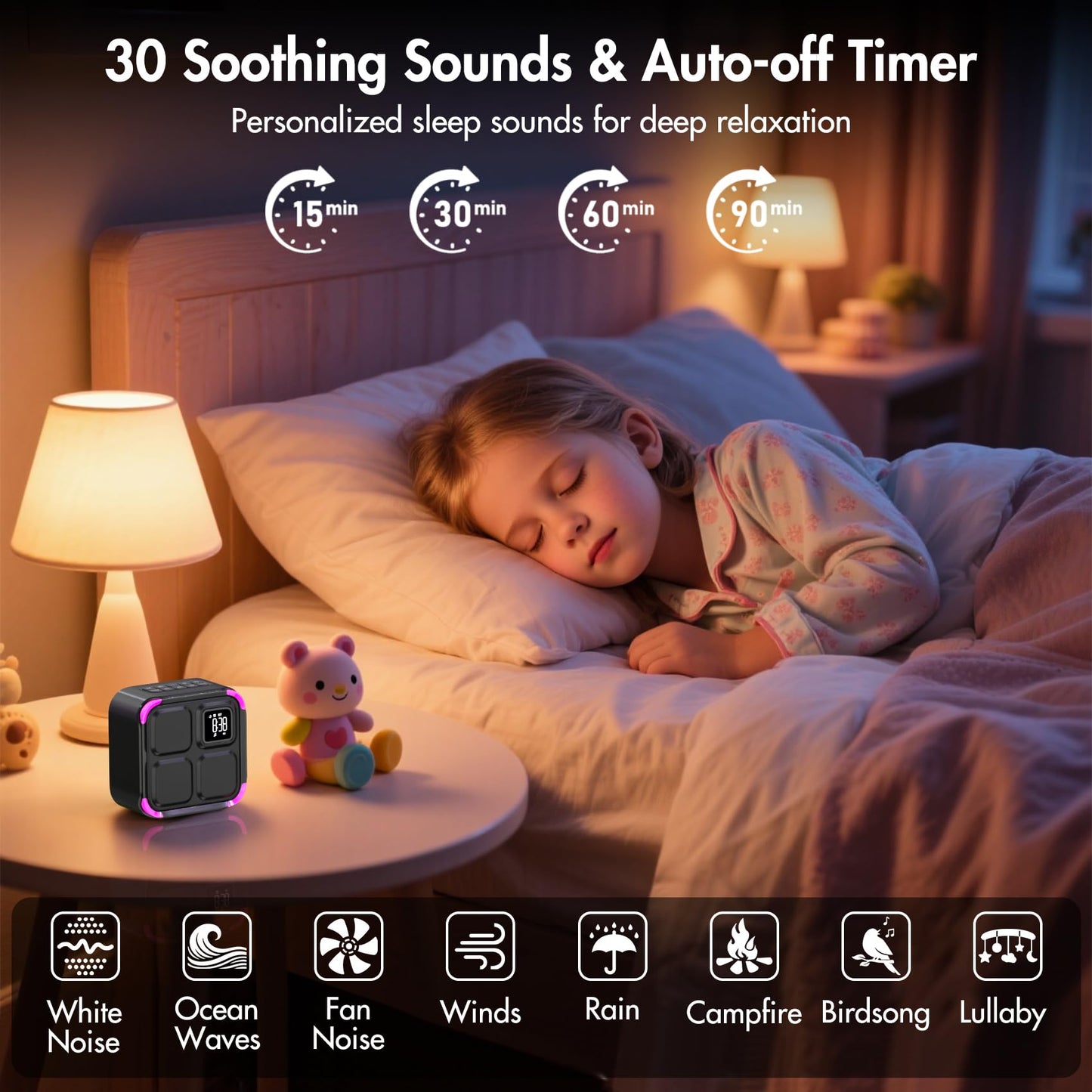 Sound Machine White Noise Machine with 30 Soothing Sounds, 10W Bluetooth Wireless Speaker Alarm Clock with Lights, Rechargeable Sleep Machine with Timer, Gifts for Boys Girls Baby Kids Teens Adults