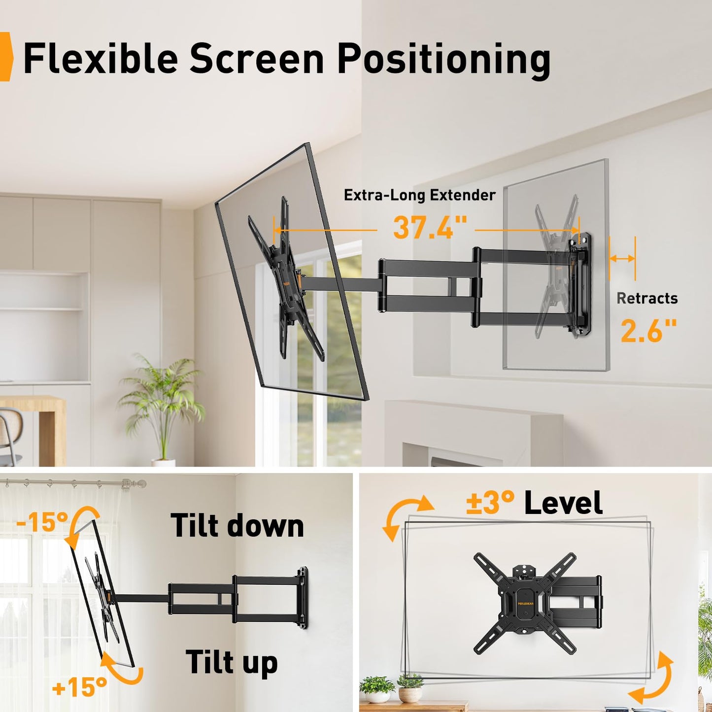 Perlegear Long Arm TV Wall Mount for 32-65″ TVs, 37.4” Long Extension Corner TV Mount, Max VESA 400x400mm, Articulating Arms Full Motion Wall Mount Bracket with Swivel and Tilt, Holds up to 110 lbs