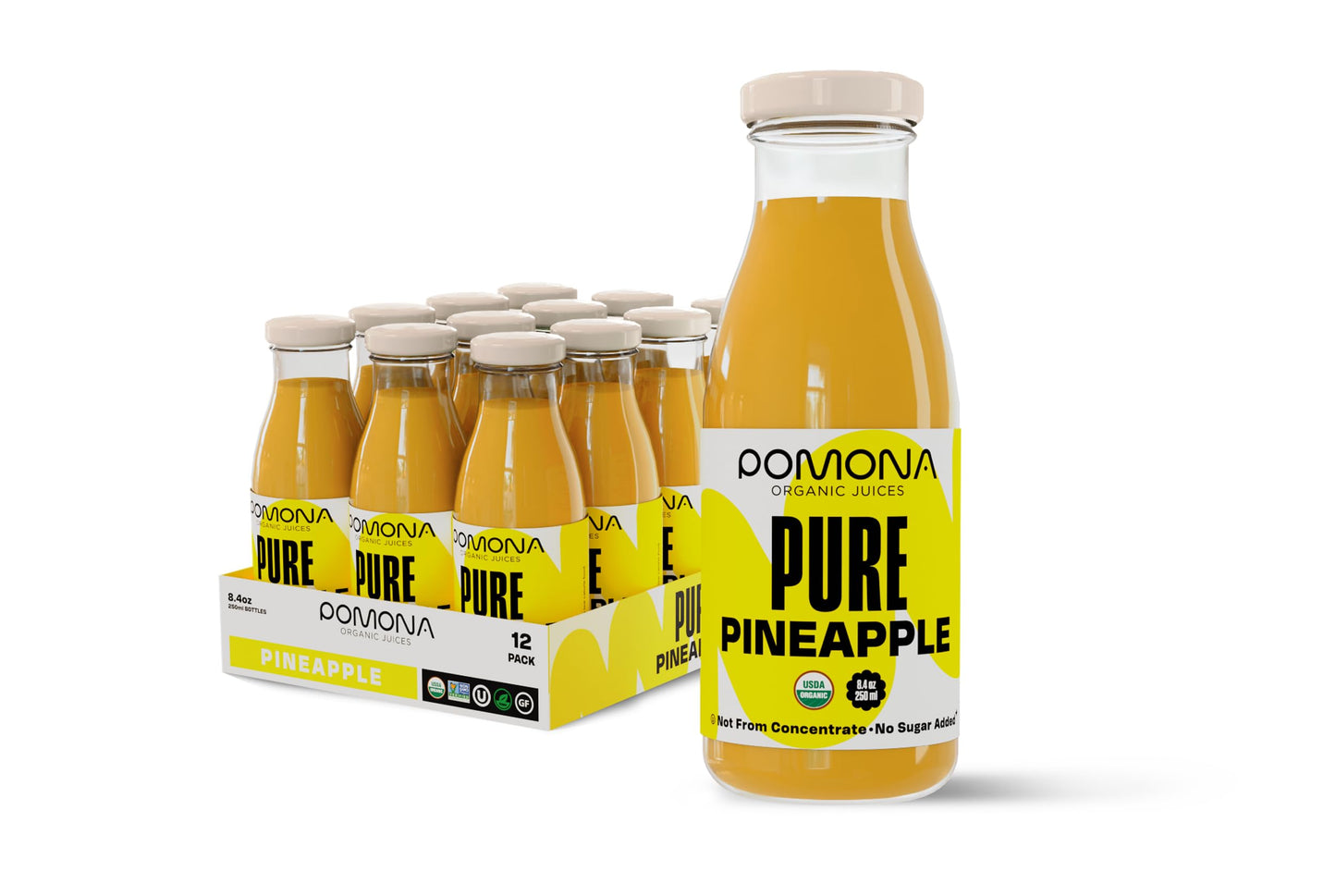 Pomona Organic Juices Pure Pineapple Juice  8.4 Ounce Bottle (Pack of 12)  Cold Pressed Organic Juice  Non-GMO  No Sugar Added  Not from Concentrate  Gluten Free  Kosher Certified  Preservative Free