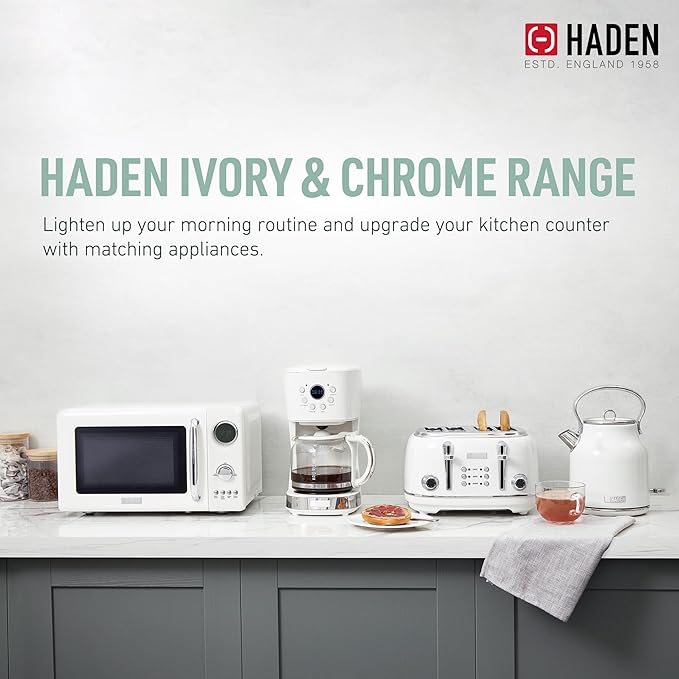 Haden 700 Watt 0.7 Cubic Foot Microwave Oven with Digital Controls, Defrost, and Instant Start Countertop Small Appliance, Ivory/Chrome