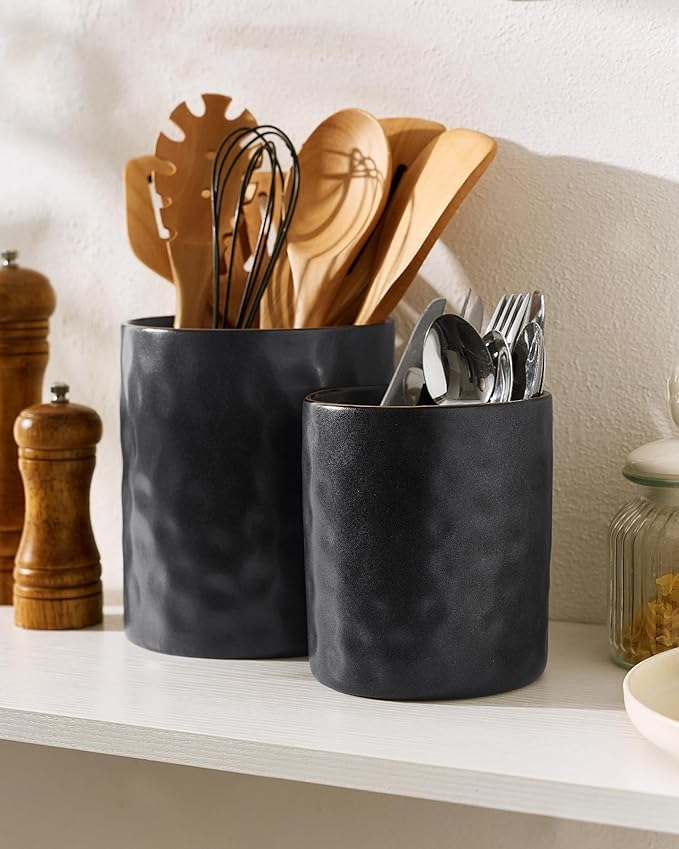 famiware Ocean Utensil Holder, 7.2"+5.8" Ceramic Kitchen Utensil Holder for Countertop, 2 Pieces Cooking Utensil Crocks, Utensil Organizer for Spatula & Spoon, Kitchen Decor, Set of 2, Matte Black