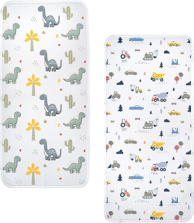 haakaa Waterproof Changing Pad Liners, 100% Cotton, Soft & Breathable (2pcs, 13" x 27.5" Construction Crew+Dino Land)