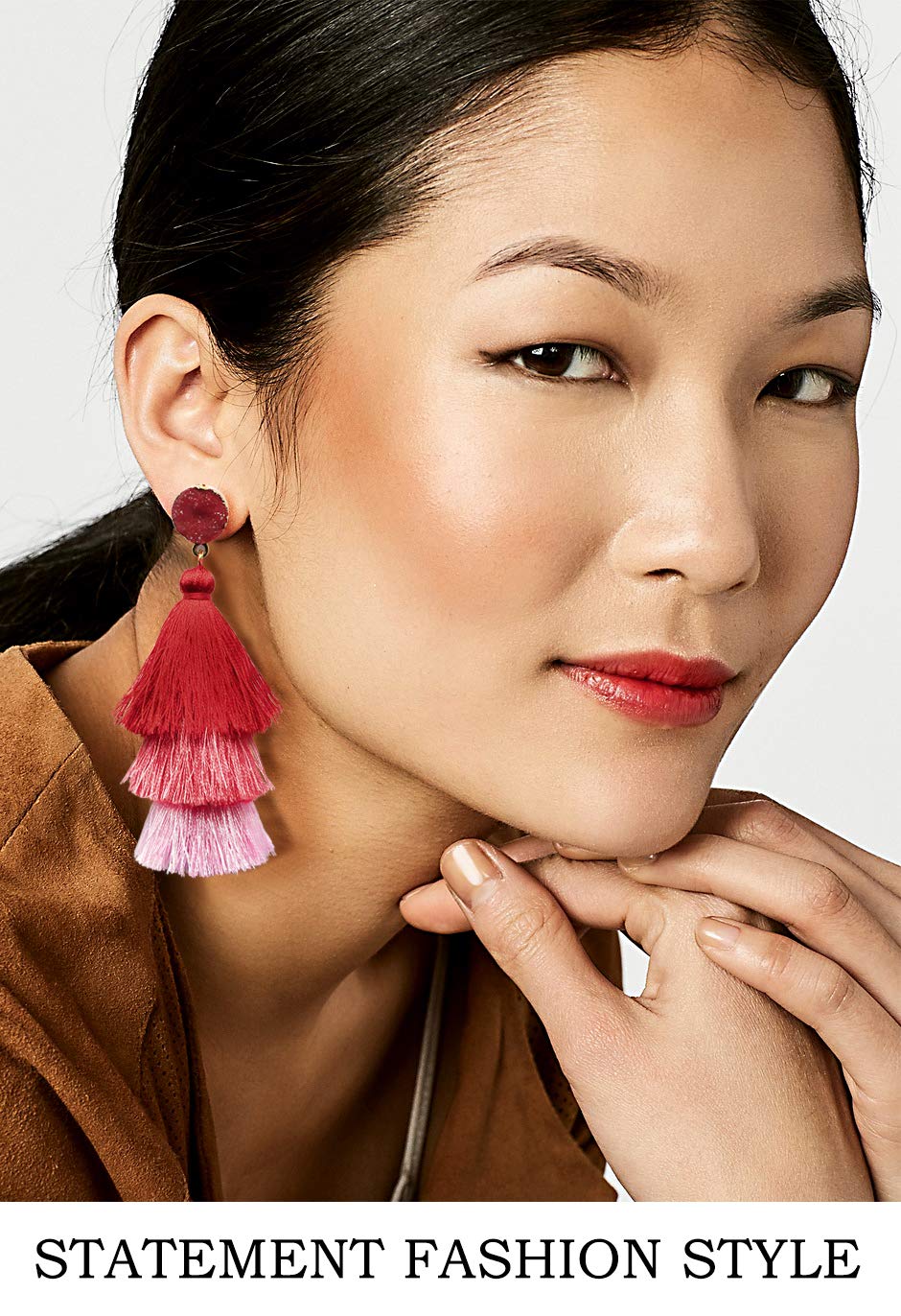 Me&Hz Red Layered Fashion Tassel Earrings Dangle Drop Bohemian Statement Earring for Women Red Ombre Fringe Crystal Studs Christ