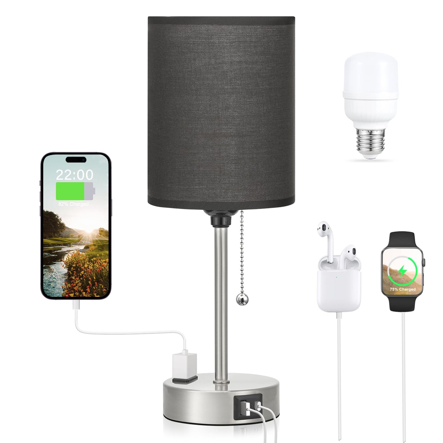 Dicoool Black Table Lamp - 3 Color Temperature, USB C/A Ports, 14.6in, Fabric, Silver Metal Base, Model 15-8