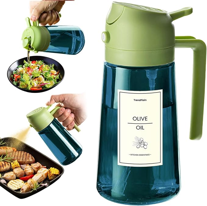 TrendPlain 16oz/470ml Blue Glass Olive Oil Sprayer for Cooking - 2 in 1 Olive Oil Dispenser for Kitchen Gadgets, Air Fryer, Salad, and BBQ - Green