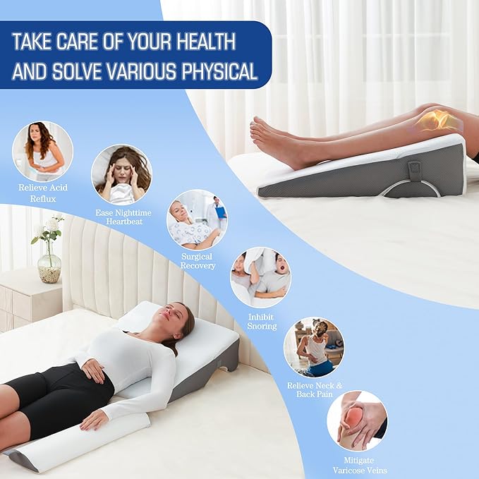 Bed Wedge Pillow for Sleeping, 6 & 7.5 & 10 Inch Adjustable Height Wedge Pillows for After Surgery, 16-in-1 Memory Foam Triangle Pillow Wedge Relieve Acid Reflux, Gerd, Snoring