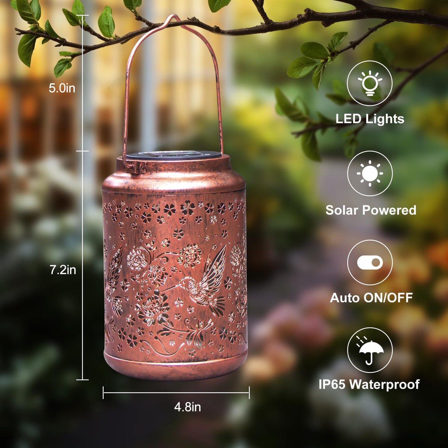 YISITEONE 2 Pack Hummingbird Solar Lanterns, Waterproof Metal Hanging Lights for Garden, Brown, Model ES0425ES00008