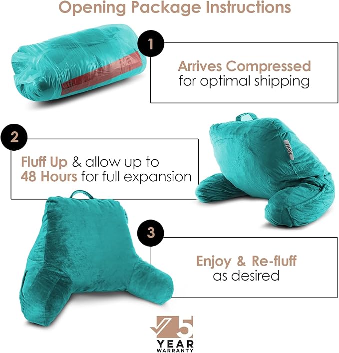Nestl Reading Pillow Standard Bed Pillow, Back Pillow for Sitting in Bed Shredded Memory Foam Chair Pillow, Reading & Bed Rest Pillows Teal Back Pillow for Bed, Bed Chair Arm Pillow with Pockets