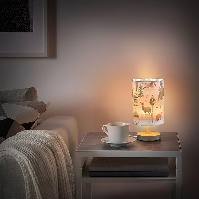 Table Lamp Watercolor Animal Forest Tree Deer Fox Bear Nightstand Lamp with Wood Base Fabric Lamp Shade Bedside Desk Lamp for Living Room Bedroom Kids Room Office