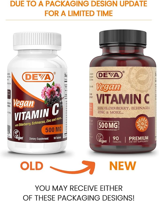 DEVA Vegan Vitamin C, 500 MG with Elderberry, Echinacea, Zinc & More, Vegan & No Animal Ingredients, 90 Tablets, 1-Pack