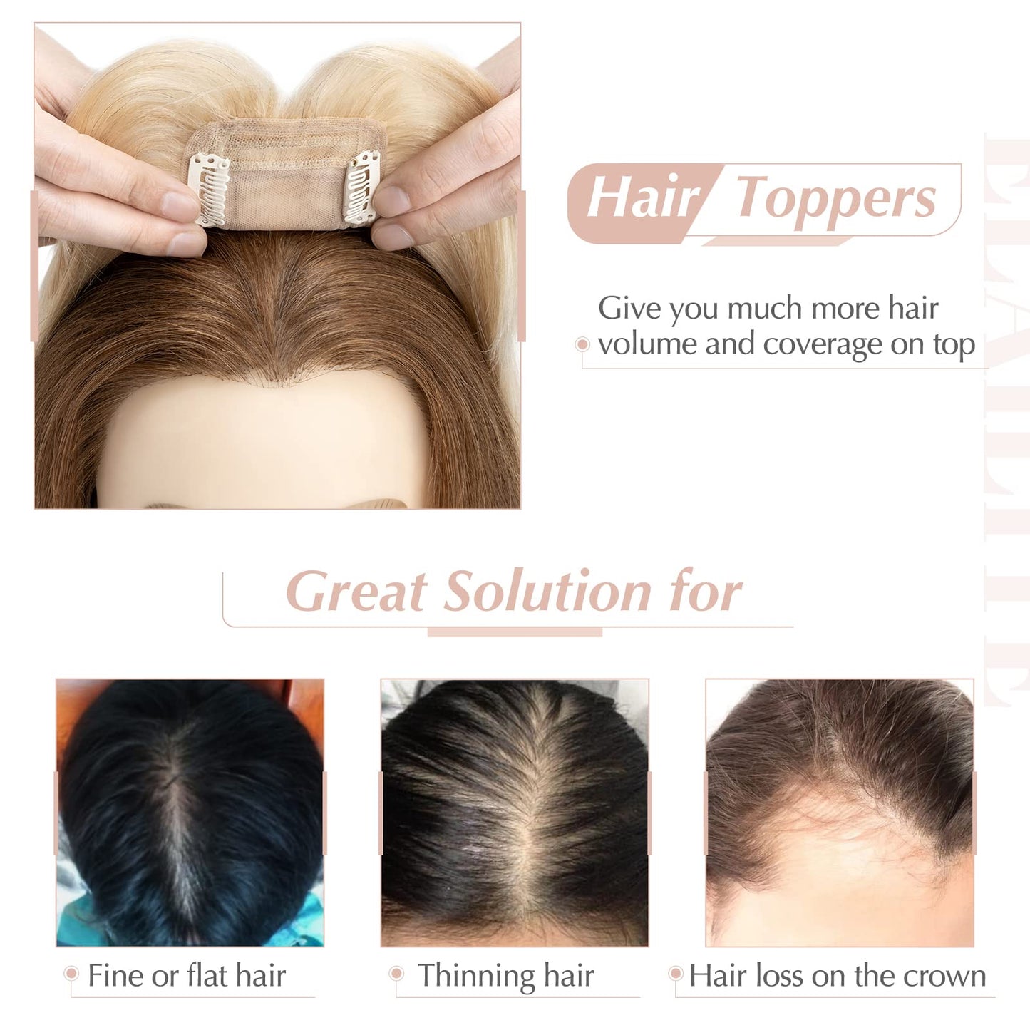 Elailite Hair Toppers for Women Real Human Hair Topper with Bangs Thinning Thin 5.1x2.8 Silk Base Clip in Remy Hairpieces 18 Inc