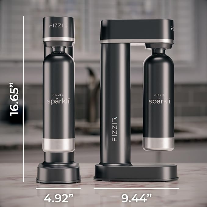 Black Stainless Steel Sparkling Water Maker Soda Machine Includes 1L Stainless Steel Black Bottle and 1 C02 Cylinder