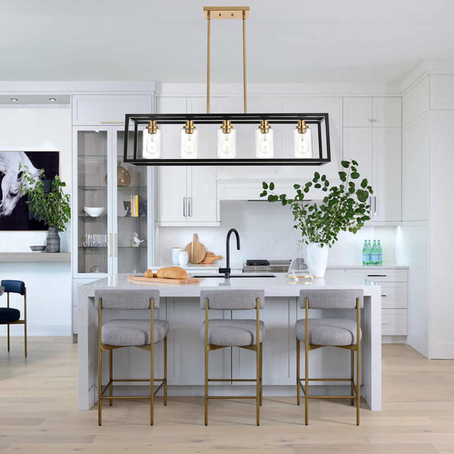 Melucee Black Rectangle Chandelier - 5 Light Linear Pendant Fixture, 36.2 Metal With Clear Glass Shade And Brushed Brass Socket