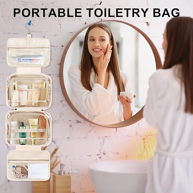 TOPEAST Hanging Toiletry Bag for Women - Travel Toiletry Bag Makeup Bag, Portable Toiletries Cosmetic Bag, Airplane Travel Essentials - Letter W, Blue