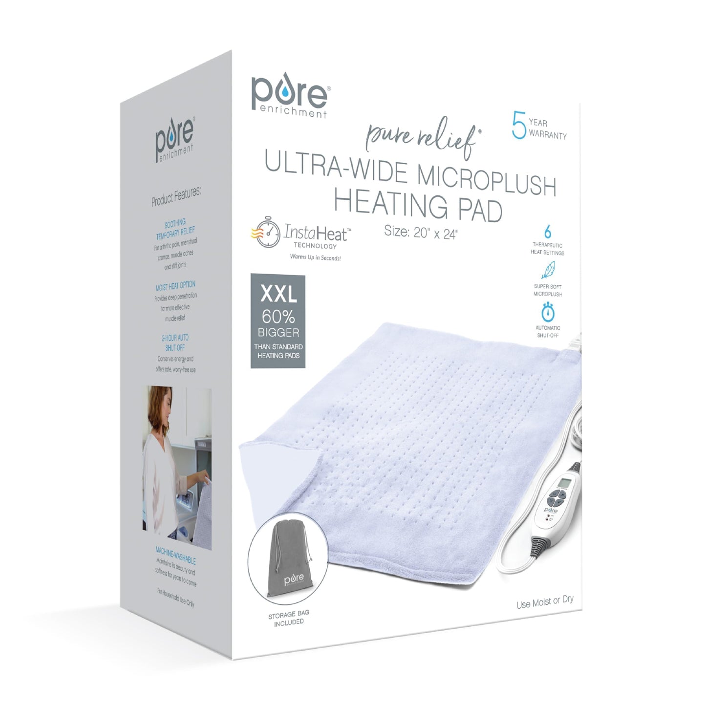 Pure Enrichment PureRelief Ultra-Wide Microplush Heating Pad - 20” x 24” XXL Size & 6 Heat Settings for Temporary Neck, Shoulder & Back Pain Relief - Moist Heat Option & Machine Washable (Periwinkle)