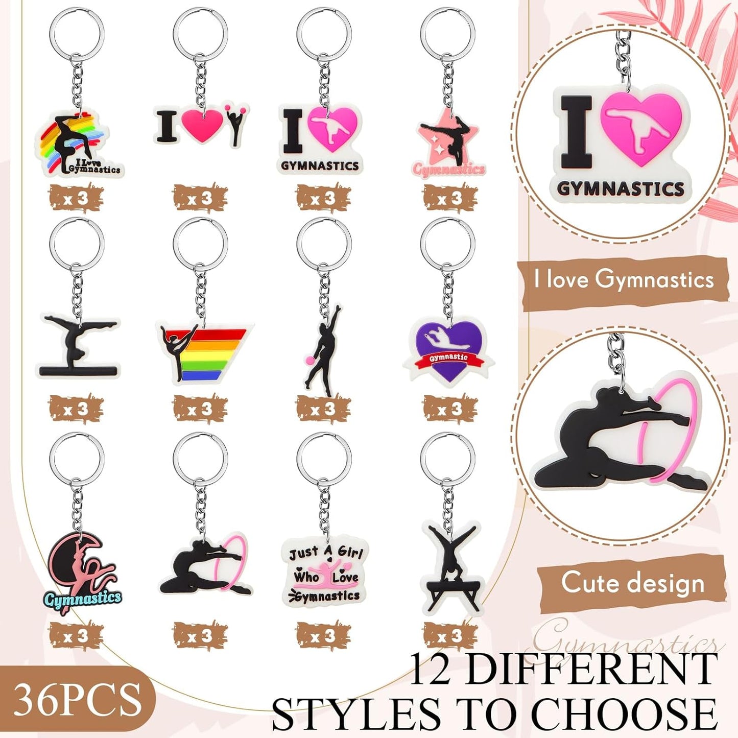 Batiyeer 36 Pack Gymnastics Keychains Bulk Party Favors Sports Ball Key Chains Funny Keyring Gifts for Birthday Supplies