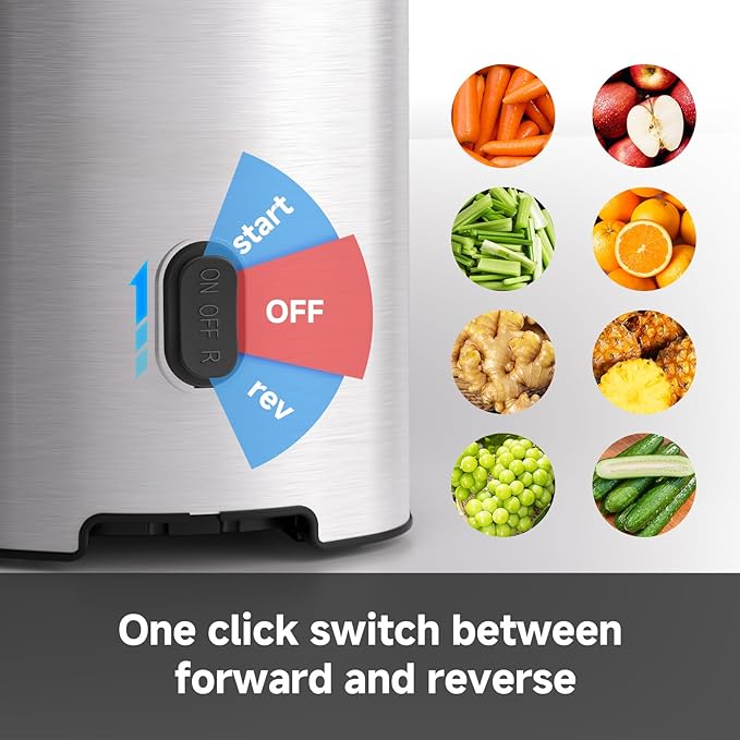 AMZCHEF Cold Press Juicer, 4.5" Juicer Machines with Large Feed Chute for Whole Fruits & Vegetables, Stainless Steel Juice Extractor with Large Auger, Dual Strainers, Easy Cleanup & Assembly