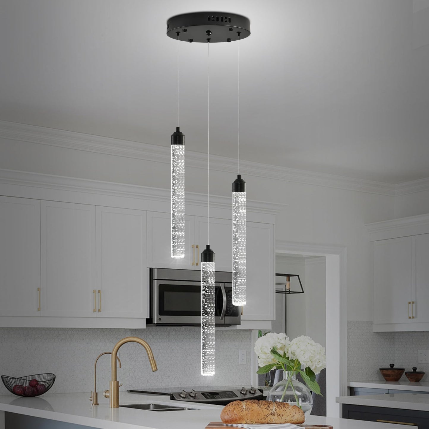 Ywuechwu 3-Light Modern Dimmable Led Crystal Chandelier - Black Mini Pendant Lighting With Spiral Raindrop/Bubble Cluster Pendant For Kitchen Island  Dining Room  Living Room  Foyer