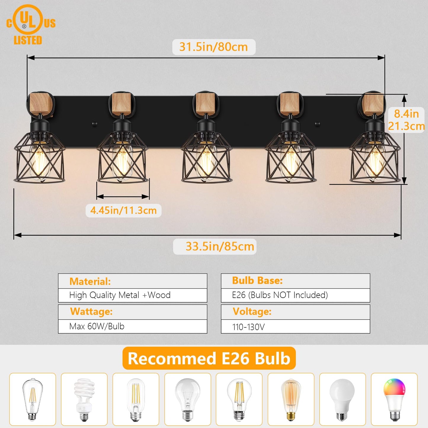 Fadimikoo 5-Light Wooden Black Bathroom Light Fixtures  Rustic Style Vanity Wall Sconces Lighting With Metal Cage  Farmhouse Bathroom Lights Wall Mount For Bedroom  Living Room  Entrance