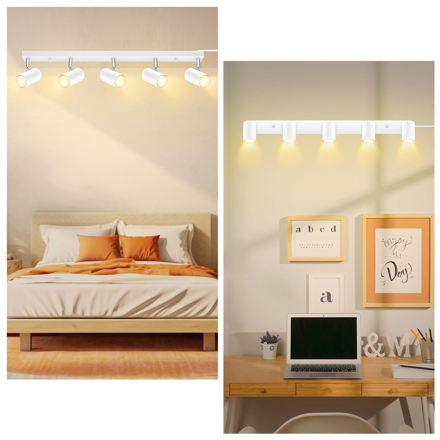 AUQUEE 5 Light Track Lighting Kit,White 5 Way Modern Plug in Ceiling Spotlight,Industrial LED Wall Light for Kitchen Cabinet Gallery Bar Hallway Living Room,Rocker Switch,15 Foot Cord(No Bulb)
