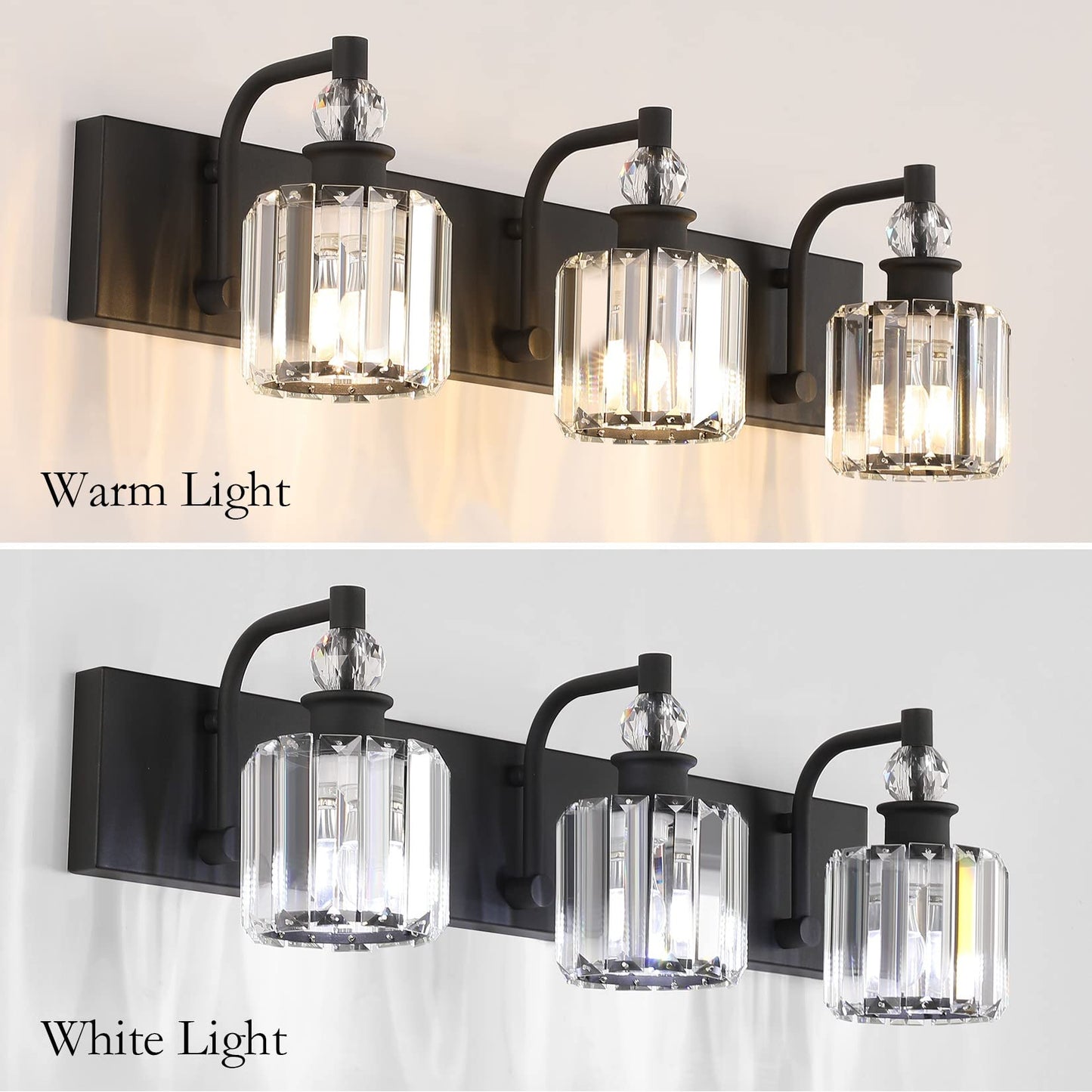 Ralbay 3 Light Bathroom Vanity Lights - Matte Black Crystal Fixtures, 24 Inch, Model 8605, Modern Over Mirror Design