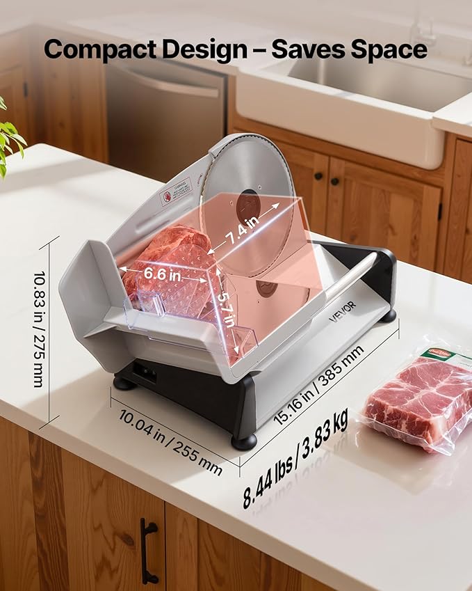 VEVOR Meat Slicer, 7.5 inch 200W Electric Deli Slicer Machine with SUS420 Blade, 0-0.6 inch Adjustable Thickness, ETL Certified Home Food-Slicer for Meat, Ham, Baguett, Steak