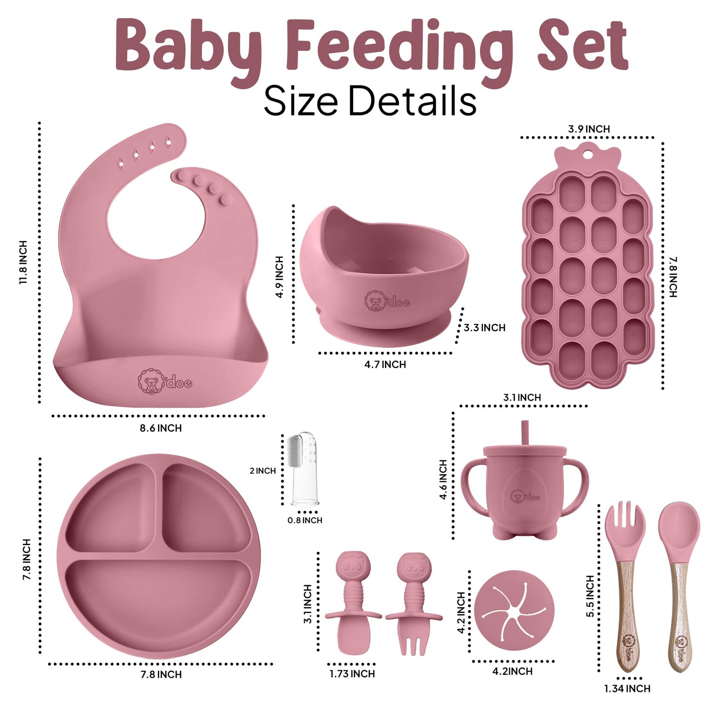 O'doe Baby Weaning Set – 15 Pcs Silicone Baby Feeding Set with Suction Plate, Bowl, Bib, Sippy Cup, Fruit Feeder, Freezer Tray