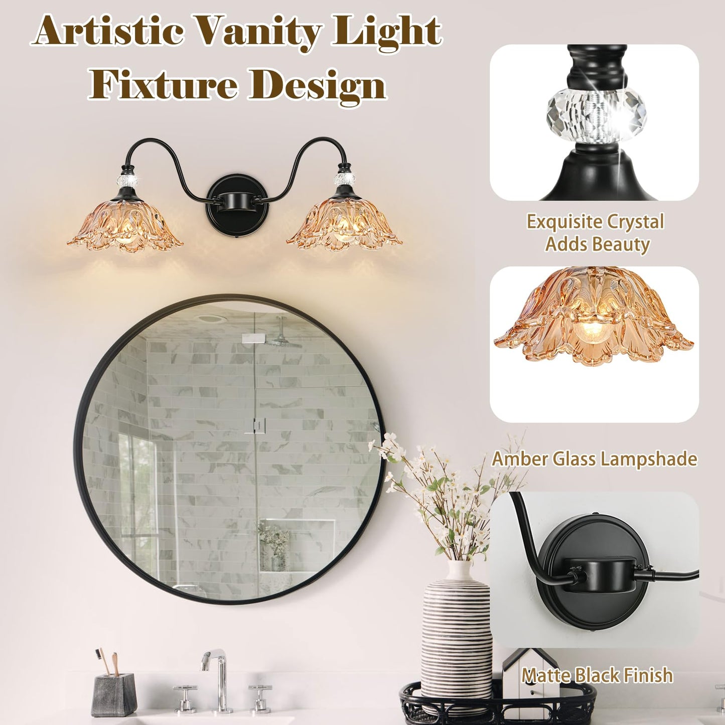 Sunkryster Black Bathroom Vanity Light  2-Light Vanity Light With Floral Amber Glass Shades Vintage Farmhouse Wall Mount Lighting For Bathroom  Dressing Table